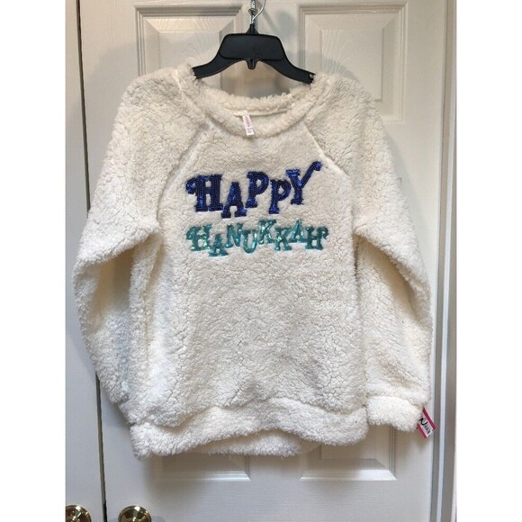 Xhilaration Sweater White Fluffy Happy Hanukkah Blue Sequin L New - Picture 1 of 5